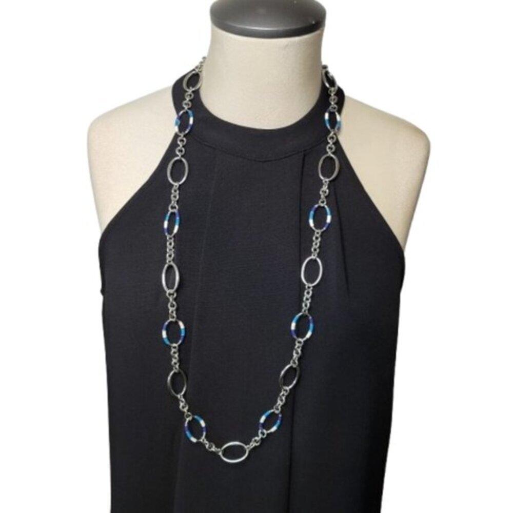 Lia Sophia Silvertone Chain Necklace with Blue Turquoise and White Links 36"